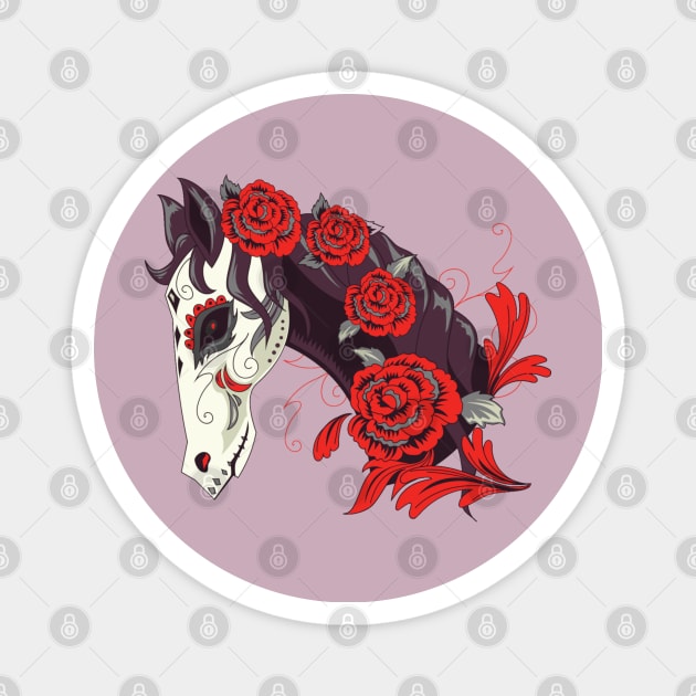 Horse Skull with Red Roses Dias de los Muertos Magnet by HolidayBug